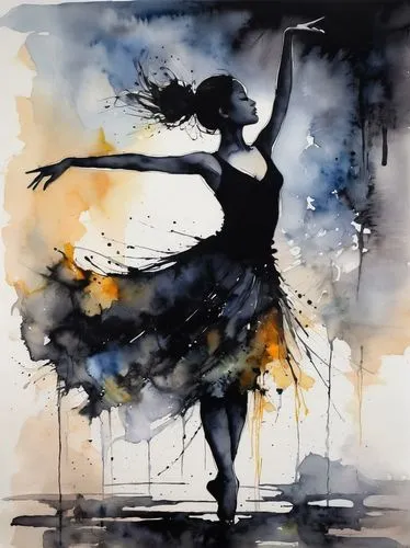 dance silhouette,silhouette dancer,dance with canvases,watercolor paint strokes,dancer,ink painting,Illustration,Paper based,Paper Based 03