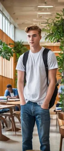 Daniel, college student, male, 20yo, casual wear, blue jeans, white T-shirt, black sneakers, backpack, books, architectural model, pencil case, serious facial expression, standing, interior, modern un