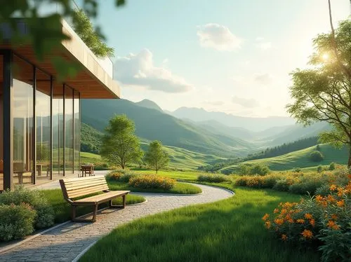 home landscape,landscape background,landscaped,3d rendering,alpine landscape,meadow landscape,house in the mountains,green landscape,house in mountains,roof landscape,windows wallpaper,virtual landscape,beautiful home,mountain valley,hillside,green valley,render,futuristic landscape,nature landscape,mountainview,Photography,General,Realistic