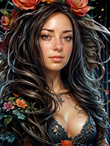 beautiful girl with flowers,girl in flowers,fantasy portrait,fantasy art,polynesian girl,boho art,hula,portrait background,flowers png,fantasy woman,splendor of flowers,flora,elven flower,fantasy pict