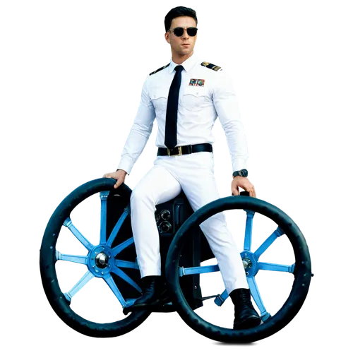 Captain, sexy, muscular man, confident posture, strong jawline, short black hair, blue eyes, sunglasses, white uniform, golden buttons, tight chest, broad shoulders, strong legs, black boots, holding 