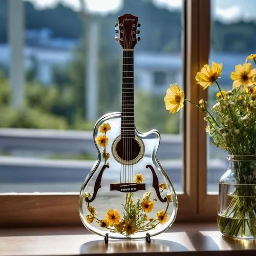 acoustic-electric guitar,acoustic guitar,classical guitar,sunflowers in vase,painted guitar,concert guitar,guitar,minions guitar,stringed instrument,guitar accessory,ukulele,flower vase,retro flower silhouette,music instruments on table,the guitar,musical instrument accessory,bach flower therapy,epiphone,folk instrument,musical instrument,Photography,General,Realistic