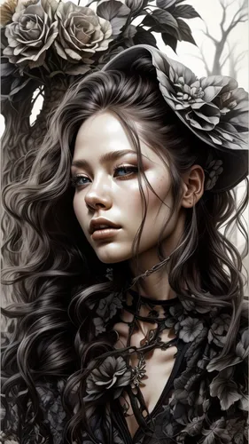 faery,fantasy portrait,mystical portrait of a girl,the enchantress,fantasy art,faerie,black rose,gothic portrait,dryad,gothic woman,heroic fantasy,sorceress,filigree,black rose hip,crow queen,dark angel,gothic fashion,dark art,gothic style,fairy tale character