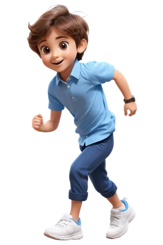 Cute Shota, cartoon style, solo, (10yo), big round eyes, bright smile, messy brown hair, casual wear, blue shirt, white pants, sneakers, playing with toy, running, morning sunlight, soft focus, pastel