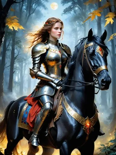 Busty female knight with full ancient armor, decorated with golden and red elements, blue eyes, spreading her brown hair and, on the mysterious black horse, in the dark forest, full of tall and gigant