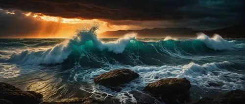 sea storm,stormy sea,seascape,tidal wave,ocean waves,crashing waves,storm surge,ocean background,sea landscape,seascapes,tempestuous,sea water splash,big waves,substorms,fantasy picture,emerald sea,nature's wrath,rogue wave,oceanology,superstorm,Illustration,Realistic Fantasy,Realistic Fantasy 29