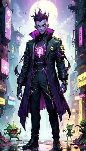 undead warlock,dodge warlock,katakuri,imp,cyberpunk,yukio,game illustration,haunebu,male character,magus,halloween frankenstein,wiz,ironweed,rich purple,magistrate,verbena,purple background,kohlrabi,villain,ultraviolet,Anime,Anime,General