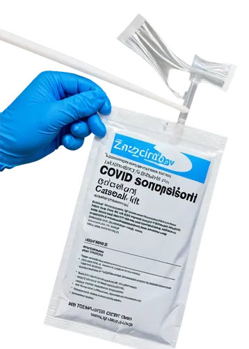 Covid test kit, white background, medical equipment, blue gloves, laboratory setting, solo object, clear plastic casing, cotton swab, tube with liquid sample, result paper strip, detailed texture, sha