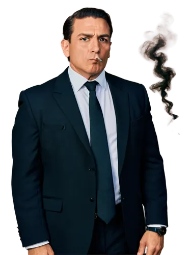 Mafia boss, formal wear, black suit, white shirt, black tie, gold cufflinks, rings on fingers, confident posture, hand in pocket, cigarette in mouth, smoke rising, mature man, 40s, facial close-up, lo