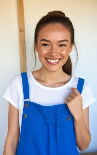 smile,a woman with a blue dress on smiles at the camera,girl in overalls,maisuradze,hapa,lilyana,kazakh,overalls