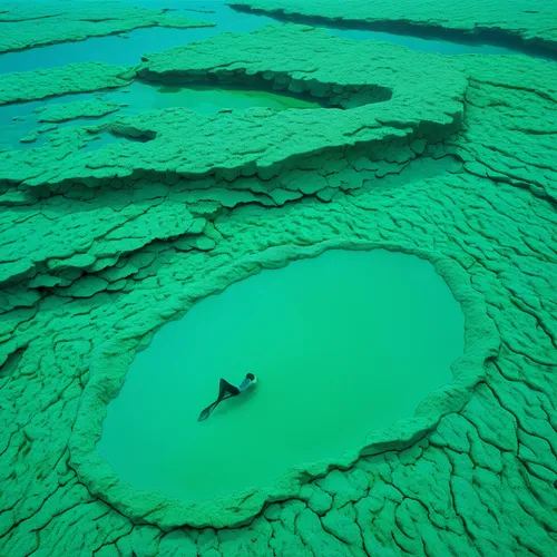 Create a vivid scene of a mermaid emerging from the sea foam green depths of the ocean.,underground lake,underwater landscape,green algae,emerald sea,sea trenches,green water,acid lake,algae,tide pool