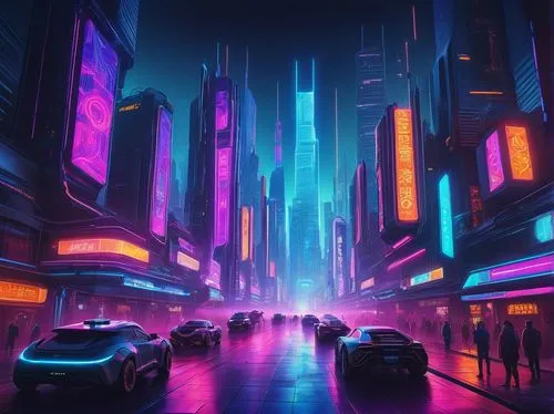 futuristic landscape,cybercity,colorful city,cityscape,fantasy city,cybertown,metropolis,cyberpunk,futuristic,cyberworld,neon arrows,cyberscene,cyberia,autopia,city at night,urbanworld,cyberport,synth,dystopian,street canyon,Illustration,Retro,Retro 22