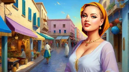 Romantic masterpiece oil painting, cute girl portrait, nostalgic 1950's style kitsch, breathtaking beautiful landscape, majestic scenery, Middle Eastern bazaar, Arabian marketplace, highly detailed, h