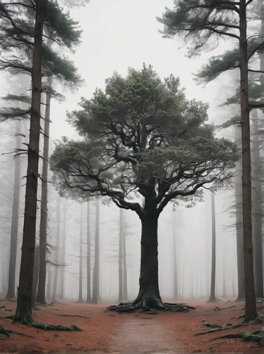 Describe a serene forest with a majestic scratch tree.,foggy forest,pine forest,fir forest,pine trees,forest tree,pine tree,isolated tree,pine-tree,black pine,foggy landscape,white pine,singleleaf pin