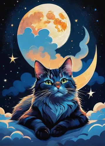 cat on a blue background,cat vector,moonan,skyclan,night sky,starclan,luna,cartoon cat,lunar,capricorn kitz,blue moon,bluestar,moon night,ravenpaw,moon and star background,nightsky,moonen,moonlit night,the night sky,lua,Illustration,Paper based,Paper Based 07