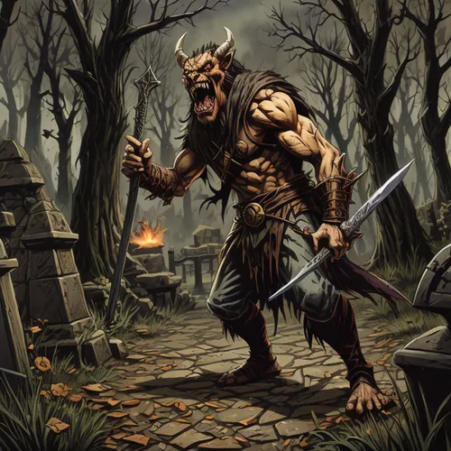 devilwood,splitting maul,massively multiplayer online role-playing game,minotaur,blacksmith,barbarian,daemon,dane axe,game illustration,dark elf,death god,devil's walkingstick,death angel,graves,druid