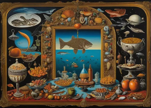 cornucopia,flotsam and jetsam,surrealism,sea foods,fruits of the sea,aquatic animals,ocean pollution,cd cover,surrealistic,fish-surgeon,sea food,aquarium,fish collage,ocean floor,triggerfish-clown,aquarium decor,noah's ark,sea fantasy,still-life,blue planet,Illustration,Realistic Fantasy,Realistic Fantasy 40