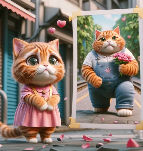 cartoon cat,pink cat,cute cartoon character,red tabby,cute cartoon image,romantic portrait,oktoberfest cats,flower cat,cute cat,cat lovers,cat frame,valentine's day décor,valentine's day,love story,romantic scene,cat love,beautiful couple,two cats,cat kawaii,doll cat