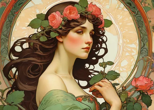 mucha,art nouveau,art nouveau design,girl in a wreath,alfons mucha,rose wreath,art nouveau frame,art nouveau frames,flora,emile vernon,wreath of flowers,blooming wreath,girl in flowers,floral wreath,bibernell rose,art deco woman,laurel wreath,scent of roses,noble roses,faery,Illustration,Retro,Retro 03