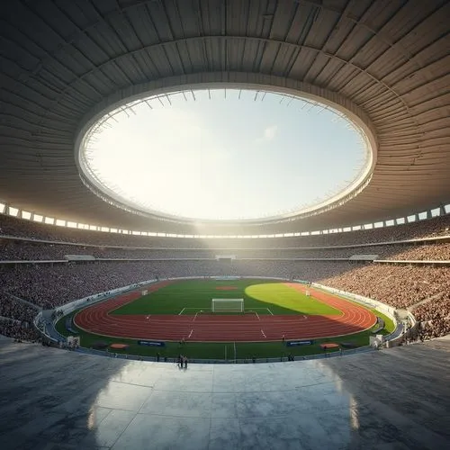 Modern stadium, marble material, luxurious atmosphere, grandiose architecture, curved lines, elegant columns, high ceilings, panoramic view, natural light, soft shadows, warm ambient lighting, evening