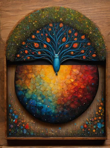 Andy  Kehoe -  <strong>Relish Moments of Glory</strong> (2013<strong style = 'color:#635a27'></strong>)<bR />  oil, acrylic and resin in wood box,   24 x 24 inches  (60.96 x 60.96 cm),colorful tree of