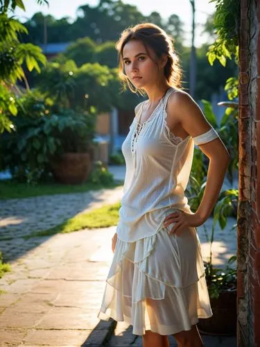 as she would look like in a photo,the  is posing outside by a brick wall,ardant,scherfig,ivete,beren,stana,white dress,dominczyk,margairaz,oreiro,girl in white dress,menounos,wanessa,hilarie,simmone,v