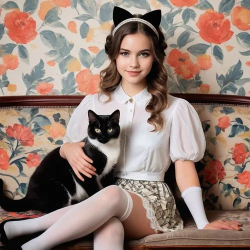 vintage cat,lily-rose melody depp,vintage cats,clue and white,vintage girl,kat,cat ears,two cats,social,beret,feline look,cat european,cat sparrow,cute cat,audrey hepburn,belarus byn,chartreux,cat lovers,she-cat,vintage girls,Art,Artistic Painting,Artistic Painting 43