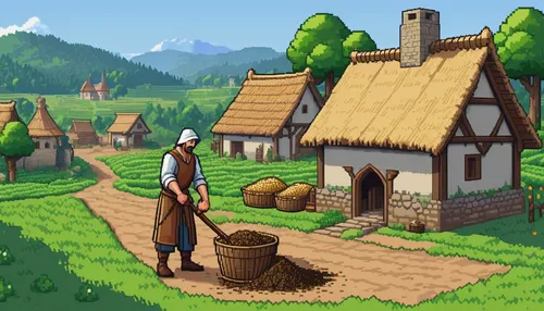 village life,village scene,thatching,villages,villagers,mountain village,alpine village,farmer in the woods,knight village,game illustration,traditional village,tavern,wooden houses,village shop,thatch,farmer,thatched cottage,traditional house,village baby,rural,Unique,Pixel,Pixel 01