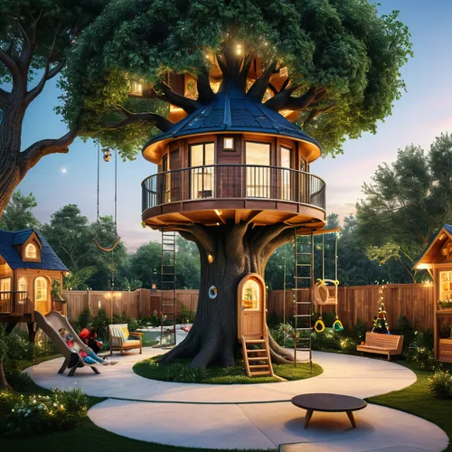 microhome tree design with interiors of the living room dinning and kitchen in the galaxy, and a playground and swings in the woodlands,tree house,tree house hotel,treehouse,children's playhouse,round