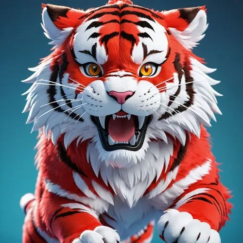 a tiger, red and white,fluffy, plush, 3D art, depth of field,high quality,high detail,high degree of precision,,tiger,tiger png,a tiger,tiger head,tigerle,bengal tiger,royal tiger,amurtiger,siberian t