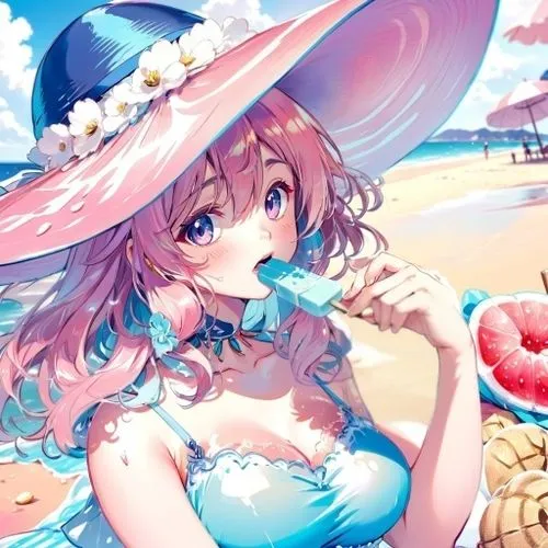 beach background,summer background,beach scenery,pink hair,popsicle,anime