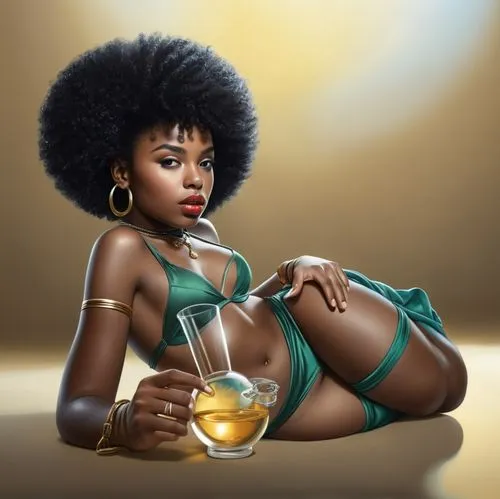 a black girl, afro girl, photorealistic art, a black girl, girl lying down, calm girl, photorealistic art.,a drawing of a woman with an afro is holding a glass of liquor,ikpe,coffy,african woman,afro 