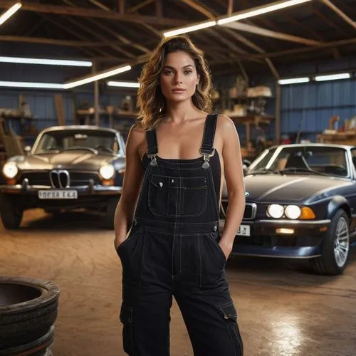 A captivating image of a gorgeous woman in black overalls, with one strap slipped over her shoulder, standing in "Peter's Workshop". 20 m in the background showcases a BMW 8er 2024 with its headlights