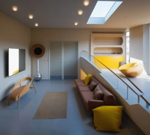 the modern apartment is furnished with a lofty feel,modern room,loft,cubic house,sky apartment,hallway space,attic,Photography,General,Realistic