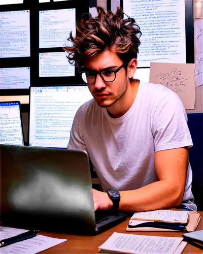 coder, young adult, male, messy hair, thick black-rimmed glasses, casual wear, white T-shirt, jeans, sneakers, coding laptop, multiple monitors, scattered papers, pens, coffee cup, dim lit room, warm 