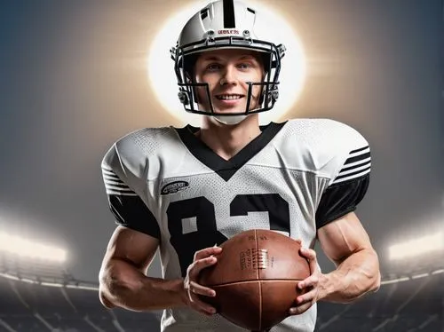 American football player, muscular man, athletic build, short blond hair, blue eyes, strong facial features, slight smile, sporty casual wear, white jersey with numbers, black pants, football helmet, 