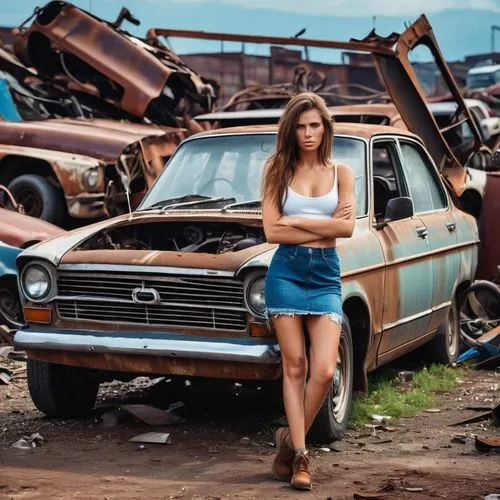 damaged car, simple image, photo, at a scrap yard in a big, rusty, dirty, weathered scrap press with a gorgeous mechanic girl in fornt crying ,fordlandia,junk yard,junkyards,junkyard,scrapyard,brokedo