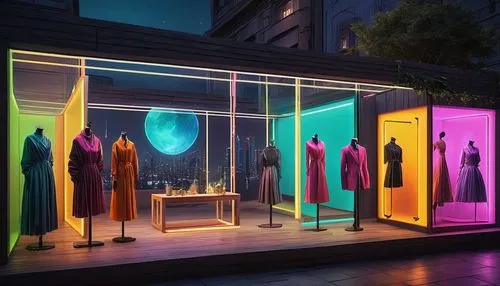 Pop-up shop, trendy graphics, bright colors, modern design, geometric shapes, neon lights, urban setting, night scene, cityscape, skyscrapers in background, bustling streets, pedestrians walking by, 3