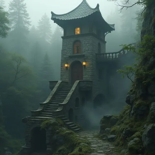 house in the forest,witch's house,witch house,asian architecture,lonely house,wudang,forest house,fairytale castle,teahouse,fairy tale castle,tree house,abandoned place,fairy chimney,dreamhouse,house in mountains,ghost castle,ancient house,house in the mountains,watch tower,japanese shrine,Photography,General,Realistic