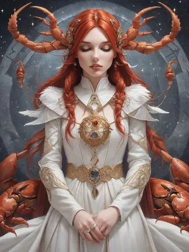 an orange haired woman with red hair and horns is standing in front of crabs and stars,zodiac sign gemini,ostara,the zodiac sign taurus,zodiac sign libra,melusine,the zodiac sign pisces