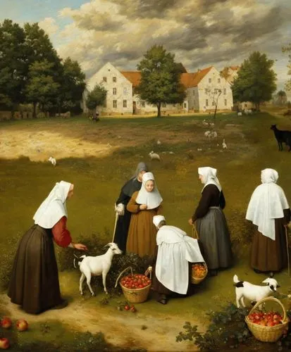 (view from above as in the paintings of Pieter Bruegel, small figures of Catholic nuns in Breton bonnets and kerchiefs, light brown robes and dark brown dresses pick apples from the trees, small gray 