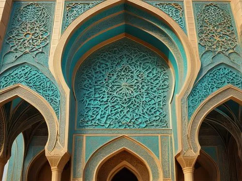 Intricate calligraphy, Islamic architecture, grand mosque, geometric patterns, arabesque decorations, arches, domes, minarets, intricate stone carvings, golden accents, ornate ceramic tiles, vibrant t