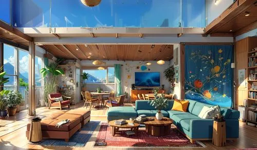 sunroom,livingroom,sky apartment,living room,loft,beautiful home,houseboat,modern living room,summer cottage,modern room,aqua studio,oceanfront,the cabin in the mountains,dreamhouse,sitting room,tropical house,mid century house,house by the water,modern decor,holiday villa,Anime,Anime,Realistic