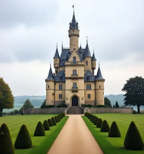 Modifier le château pour en faire celui d’un méchant Prince des Ténèbres. ,a very large castle that is in the middle of some bushes,dunrobin castle,castle sans souci,chateau,chateaux,fairytale castle,