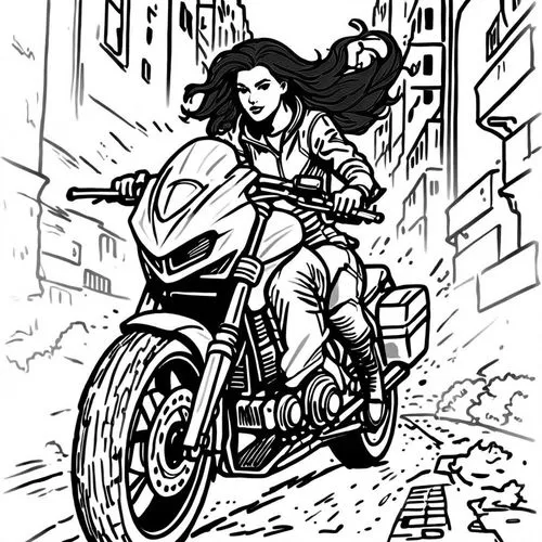 a black and white drawing of a woman riding a motorcycle in the city,motorcyling,comic halftone woman,bratmobile,satrapi,freewheelin,woman bicycle,Design Sketch,Design Sketch,Rough Outline