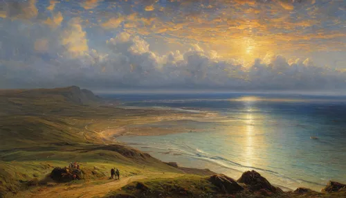 landscape with sea,coastal landscape,lev lagorio,sea landscape,beach landscape,frederic church,thomas moran,joseph turner,andreas achenbach,northen light,panoramic landscape,seascape,cliff coast,evening atmosphere,gower,landscape,eventide,high landscape,asher durand,the evening light,Art,Classical Oil Painting,Classical Oil Painting 13