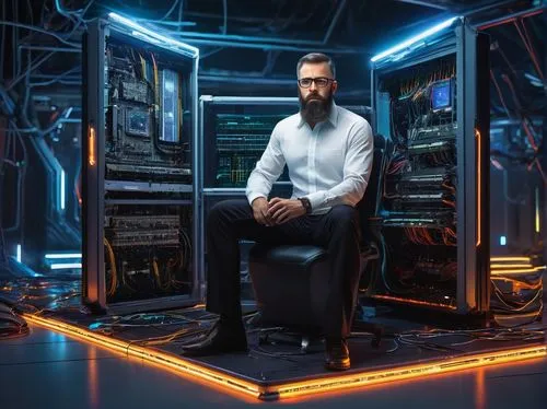 Virtualization expert, male, 35yo, beard, glasses, white shirt, black pants, sitting, futuristic laboratory, neon lights, holographic screens, complex circuits, wires, motherboards, servers, data cent