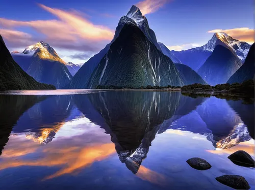 Mitre Peak reflected at Milford Sound, Fiordland National Park, UNESCO World Heritage Site, South Island, New Zealand, Pacific,milford sound,new zealand,south island,newzealand nzd,nz,mitre peak,nordl