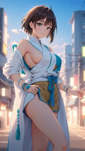 a anime girl standing on a city street,shimei,yanmei,yongmei,minmei,longmei,mai,Anime,Anime,Realistic