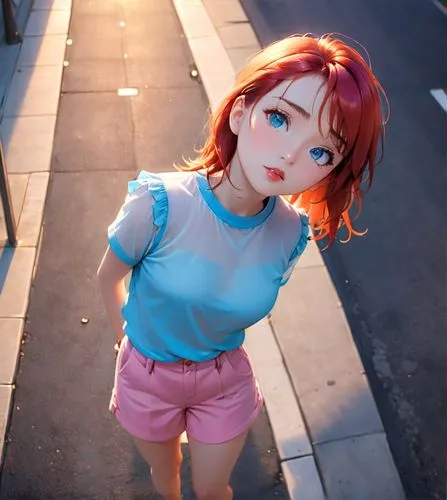 a photography of a beautiful caucasian girl 23 years old, red hair, blue eyes, red lips and glass wearing a blue top and pink shorts stand up in a street at sunset,a girl with red hair poses on a side